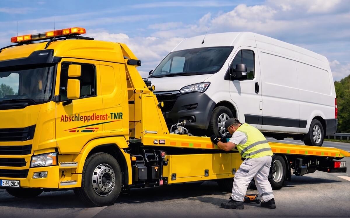 Fachgerechte Lkw Bergung und Verladung eines Transporters durch Abschleppdienst TMR in Essen
