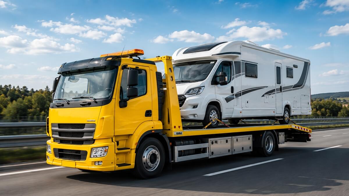 Fachgerechter Abschleppdienst und Spezialtransport eines Wohnmobils auf einem Plateauwagen durch Abschleppdienst TMR